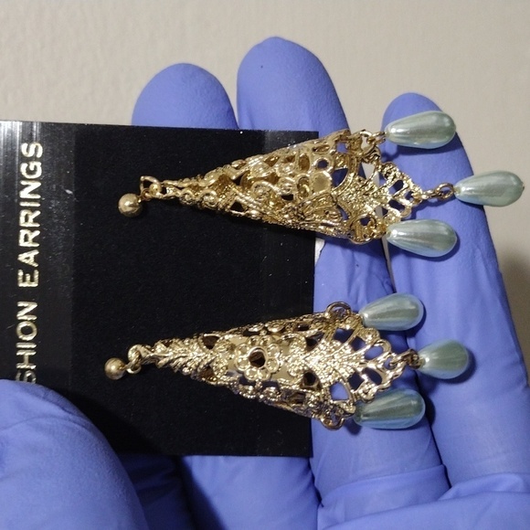 Women's Gold-tone Filigree Cone Shape Design Beaded Drop Dangle Earrings, #5 - Picture 4 of 6